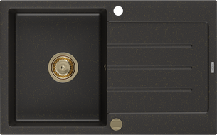 Mexen Bruno 1-compartment granite sink with a drip tray 795 x 495 mm, Black/Gold metallic, siphon Gold - 6513791010-75-G