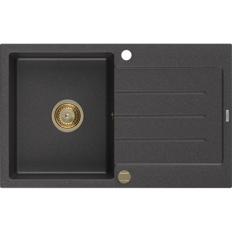 Mexen Bruno 1-compartment granite sink with a drip tray 795 x 495 mm, spotted black, siphon Gold - 6513791010-76-G