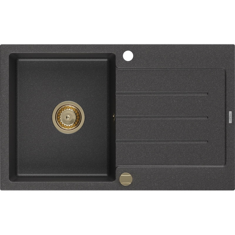 Mexen Bruno black speckled granite sink 1-bowl with drainer 795 x 495 mm, gold siphon - 6513791010-76-G