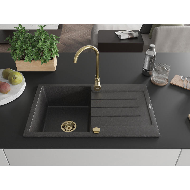 Mexen Bruno granite sink 1-bowl with drainer 795 x 495 mm, black speckled, golden siphon - 6513791010-76-G