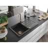 Mexen Bruno granite sink 1-bowl with drainer 795 x 495 mm, black speckled, golden siphon - 6513791010-76-G