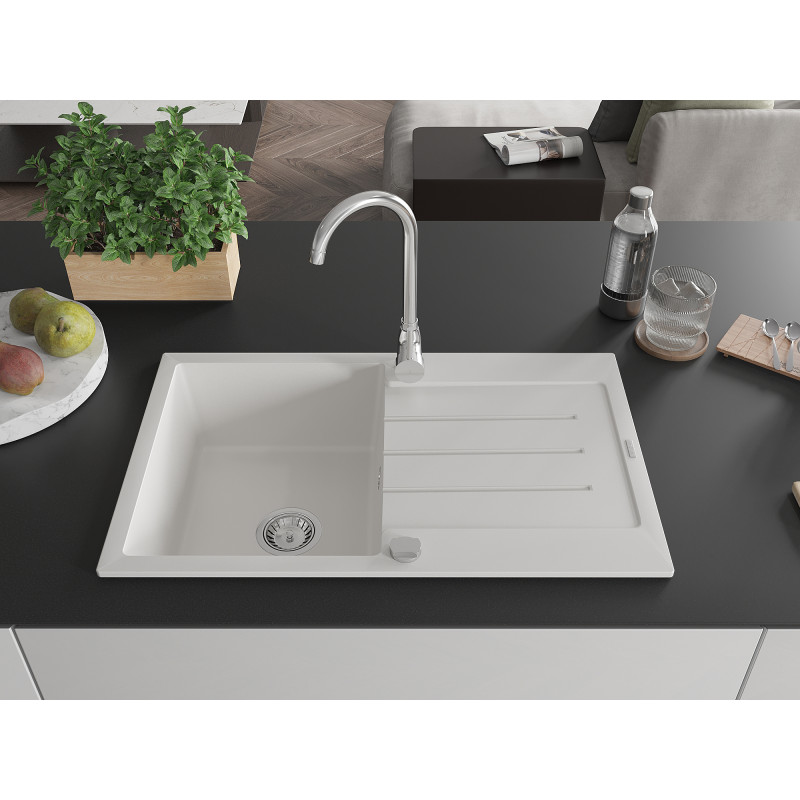 Mexen Bruno granite sink 1-bowl with drainer 795 x 495 mm, white, chrome siphon - 6513791010-20