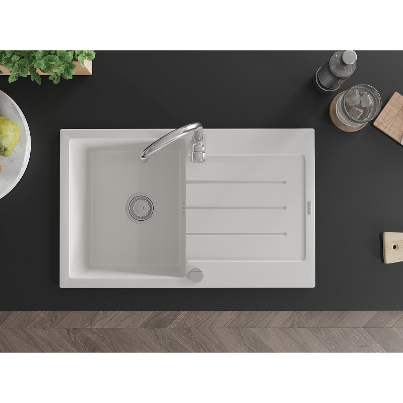 Mexen Bruno granite sink 1-bowl with drainer 795 x 495 mm, white, chrome siphon - 6513791010-20