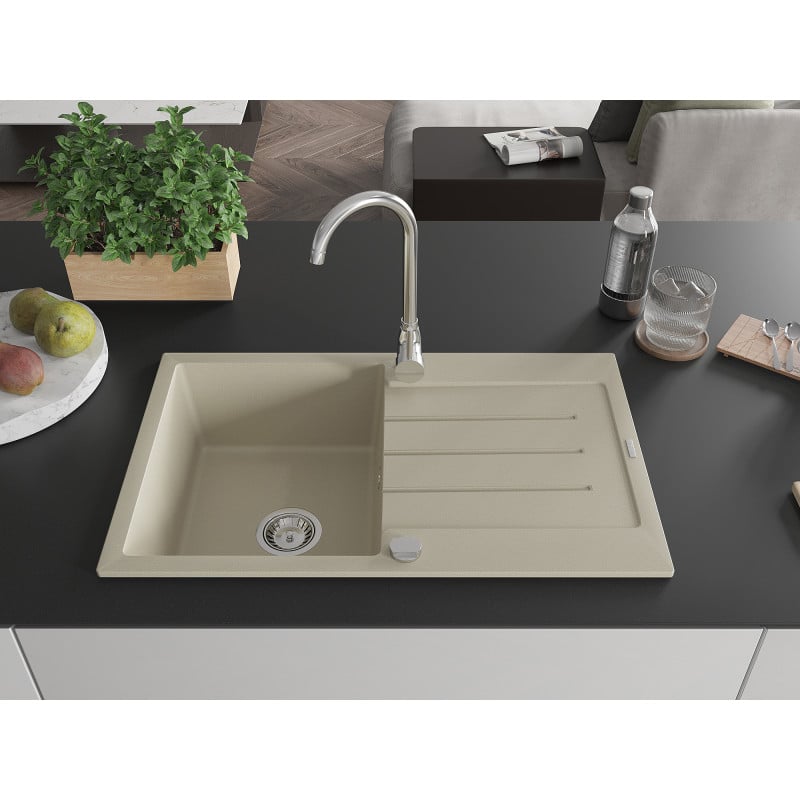 Mexen Bruno 1-bowl granite sink with drainer 795 x 495 mm, beige, chrome siphon - 6513791010-69