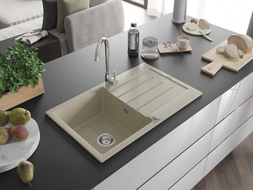 Mexen Bruno 1-bowl granite sink with drainer 795 x 495 mm, beige, chrome siphon - 6513791010-69