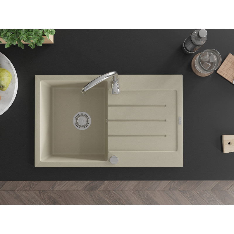 Mexen Bruno 1-bowl granite sink with drainer 795 x 495 mm, beige, chrome siphon - 6513791010-69
