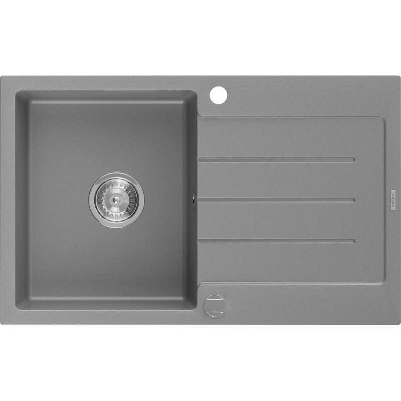 Mexen Bruno granite single-bowl sink with drainer 795 x 495 mm, gray, chrome siphon - 6513791010-71