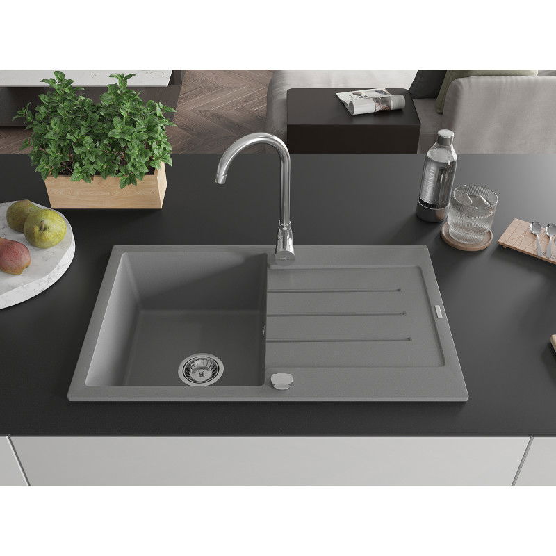 Mexen Bruno granite sink 1-bowl with drainer 795 x 495 mm, grey, chrome siphon - 6513791010-71
