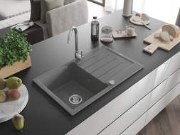 Mexen Bruno granite single-bowl sink with drainer 795 x 495 mm, gray, chrome siphon - 6513791010-71