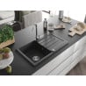Mexen Bruno 1-bowl granite sink with drainer 795 x 495 mm, speckled black, chrome siphon - 6513791010-76