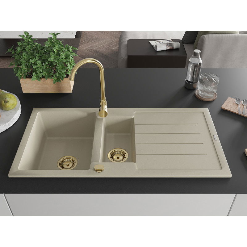 Mexen Andres granite sink 1.5-bowl with drainer 1000 x 500 mm, beige, gold siphon - 6515101510-69-G