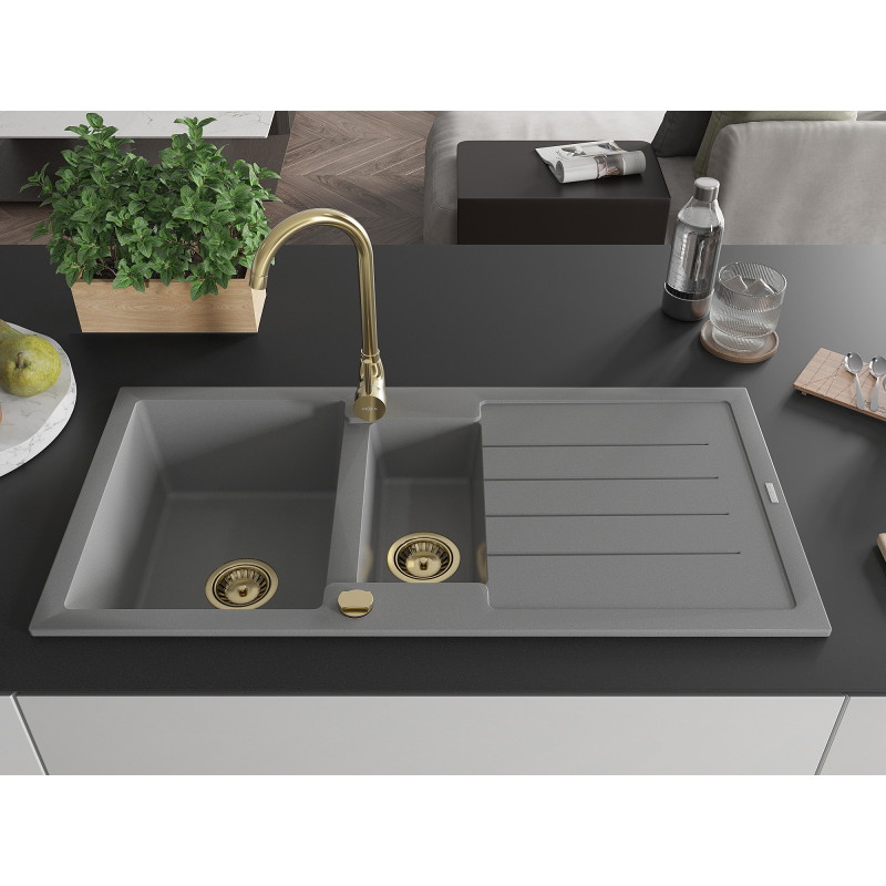 Mexen Andres 1.5-bowl granite sink with drainer 1000 x 500 mm, gray, gold siphon - 6515101510-71-G