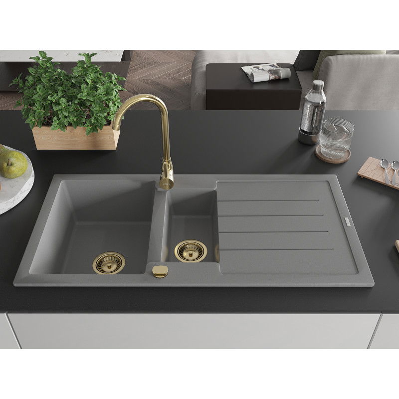 Mexen Andres granite sink 1.5-bowl with drainer 1000 x 500 mm, grey, gold siphon - 6515101510-71-G