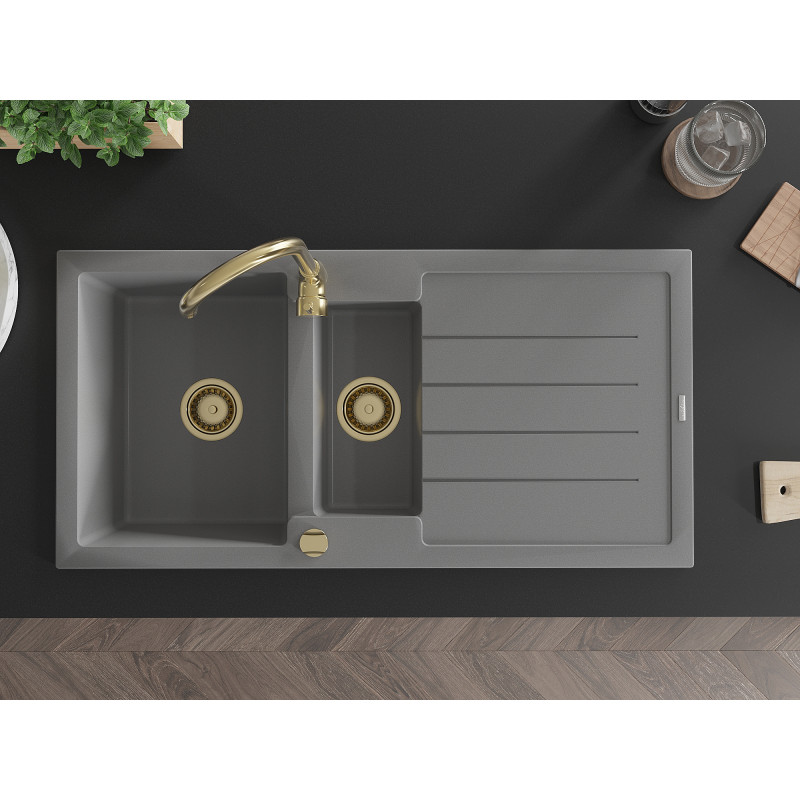 Mexen Andres granite sink 1.5-bowl with drainer 1000 x 500 mm, gray, gold siphon - 6515101510-71-G
