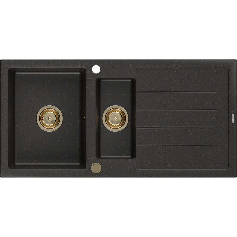 Mexen Andres 1.5-bowl granite sink with drainer 1000 x 500 mm black/gold metallic, gold syphon - 6515101510-75-G