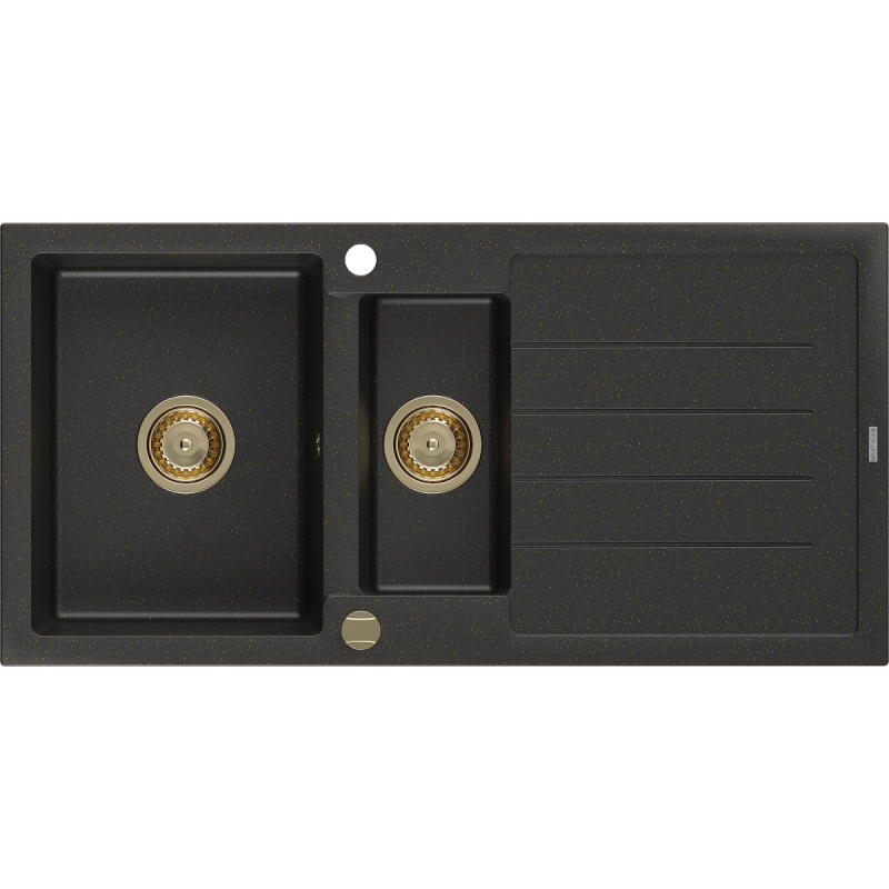 Mexen Andres granite sink 1.5-bowl with drainer 1000 x 500 mm black/gold metallic, gold siphon - 6515101510-75-G