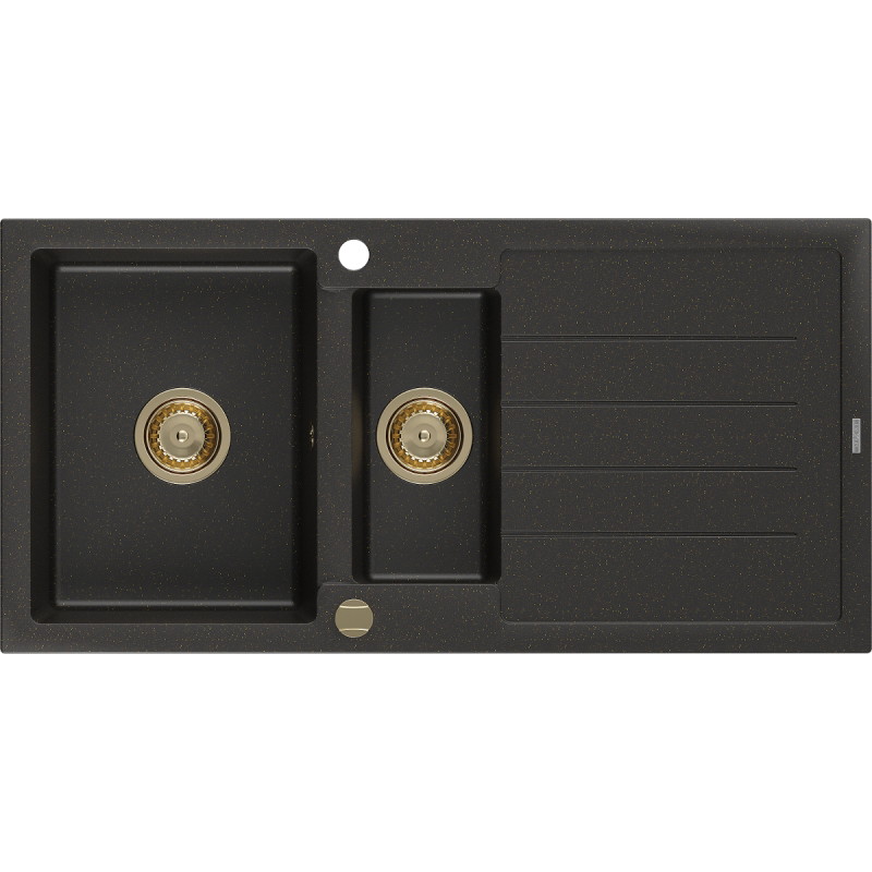 Mexen Andres granite sink 1.5-bowl with drainer 1000 x 500 mm black/gold metallic, golden siphon - 6515101510-75-G