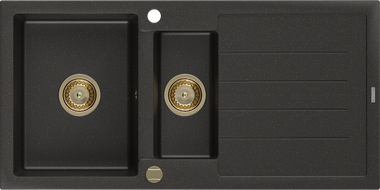 Mexen Andres granite sink 1.5-bowl with drainer 1000 x 500 mm black/gold metallic, gold siphon - 6515101510-75-G