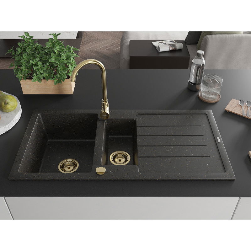 Mexen Andres 1.5-bowl granite sink with drainer 1000 x 500 mm black/gold metallic, gold syphon - 6515101510-75-G