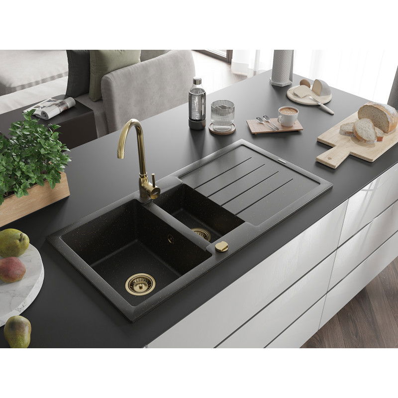 Mexen Andres 1.5-bowl granite sink with drainer 1000 x 500 mm black/gold metallic, gold syphon - 6515101510-75-G