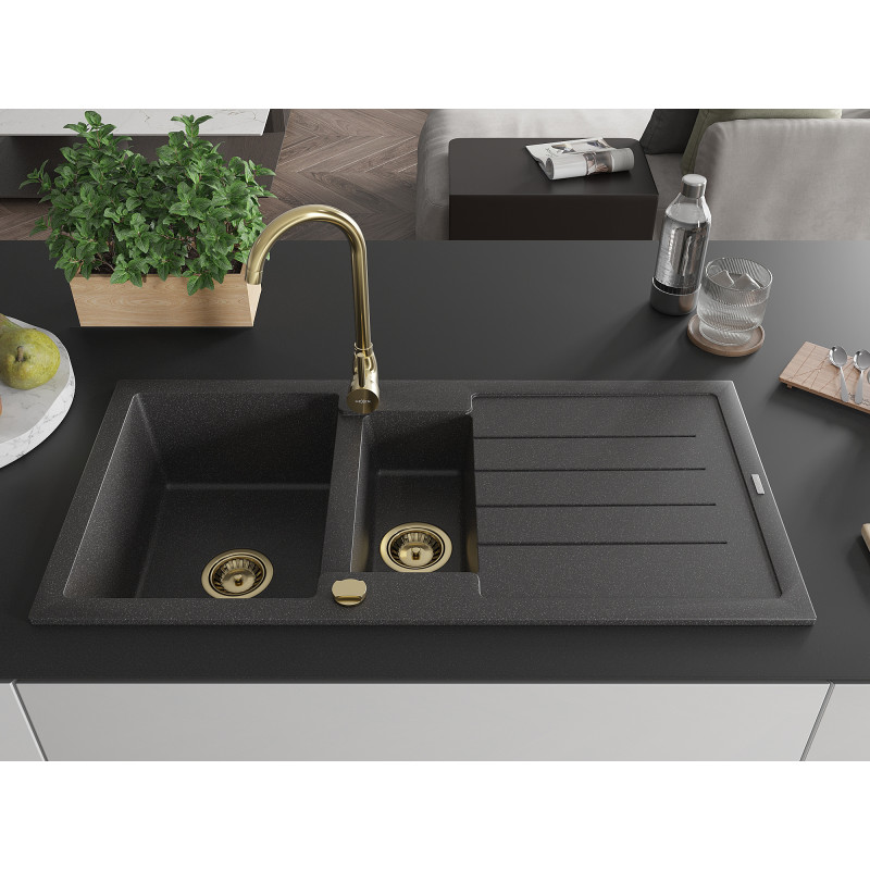 Mexen Andres granite sink 1.5-bowl with drainer 1000 x 500 mm black speckled, gold siphon - 6515101510-76-G