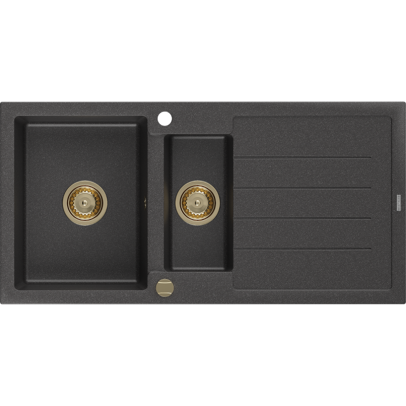 Mexen Andres granite sink 1.5-bowl with drainer 1000 x 500 mm black speckled, gold siphon - 6515101510-76-G