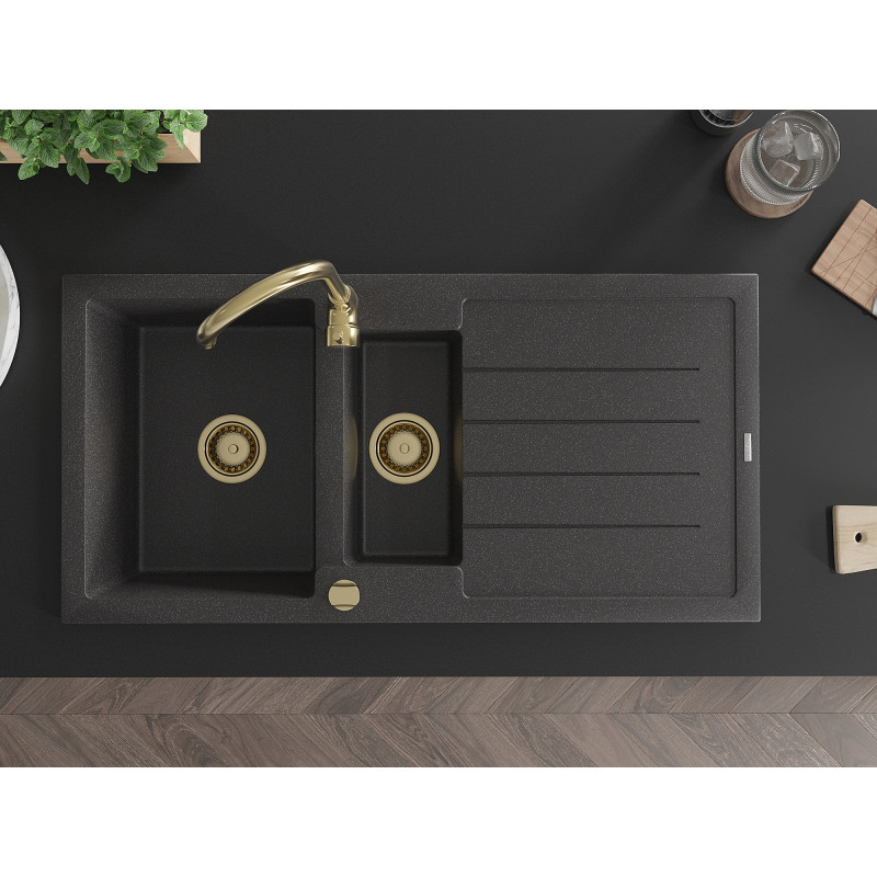 Mexen Andres granite sink 1.5-bowl with drainer 1000 x 500 mm black speckled, gold siphon - 6515101510-76-G