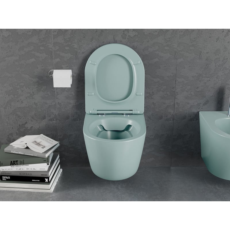 Mexen Lena Rimless Toilet Bowl with Slow-Close Slim Seat, Duroplast, Light Green Matte - 30224048