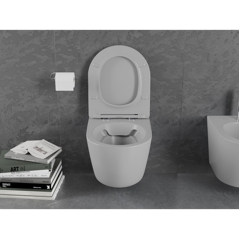 Mexen Lena Rimless Toilet Bowl with Slim Soft-Close Seat, Duroplast, Light Gray Matte - 30224061