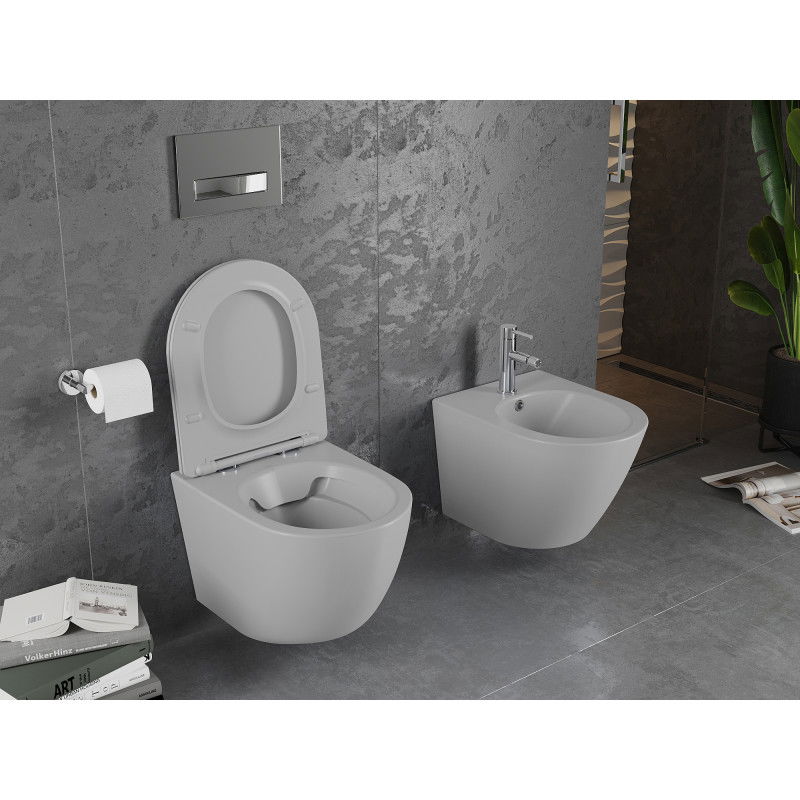 Mexen Lena rimless toilet bowl with slow-falling slim seat, duroplast, light grey matte - 30224061