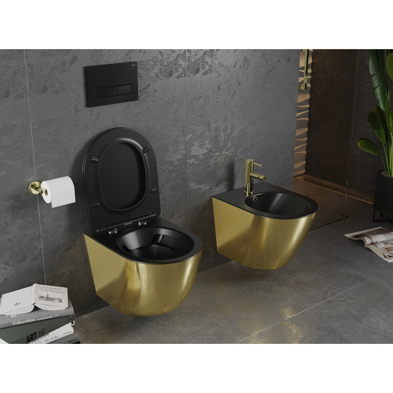 Mexen Lena Rimless WC Bowl with Slow-Close Slim Seat, Duroplast, Matte Black/Gold - 30224076