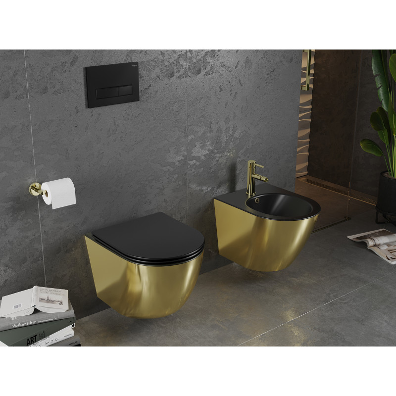 Mexen Lena Rimless WC Bowl with Slow-Close Slim Seat, Duroplast, Matte Black/Gold - 30224076