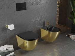 Mexen Lena rimless toilet bowl with slow-fall slim seat, duroplast, matte black/gold - 30224076