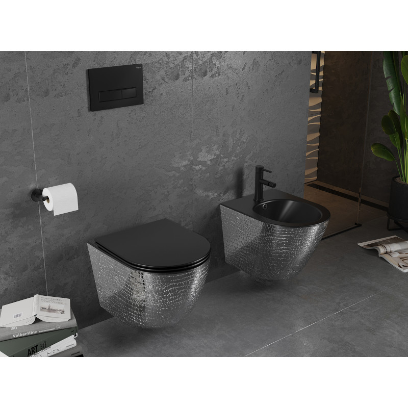Mexen Lena Rimless WC Bowl with Slim Soft-Close Seat, Duroplast, Black Matte/Silver Scale Pattern - 30224072