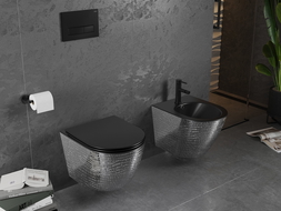 Mexen Lena Rimless toilet bowl with a slim soft close toilet seat, duroplast, Black matt/silver scales pattern - 30224072