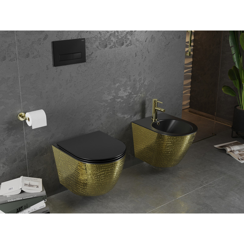 Mexen Lena Rimless WC Bowl with Slow-Close Slim Seat, Duroplast, Black Matte/Gold Scale Pattern - 30224078