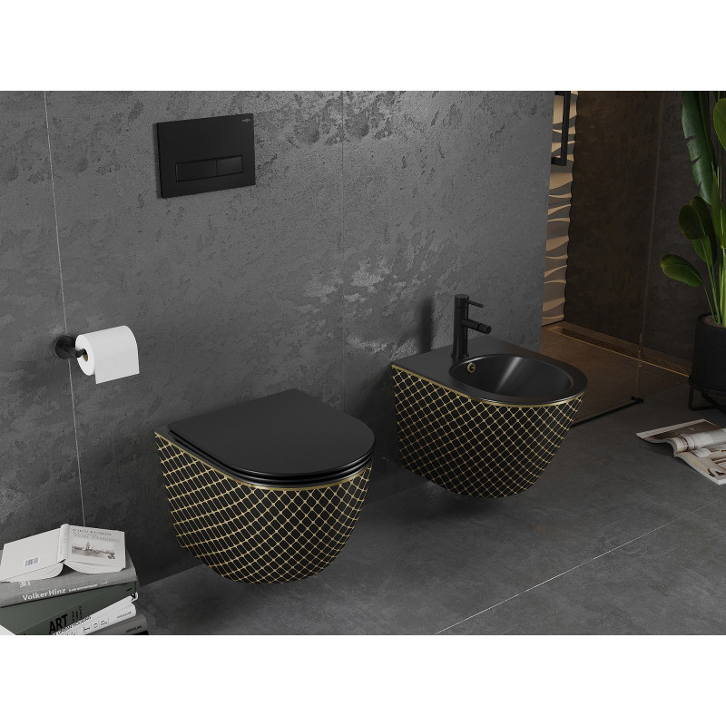 Mexen Lena Rimless WC bowl with soft-close slim seat, duroplast, black matte/gold grid pattern - 30224079