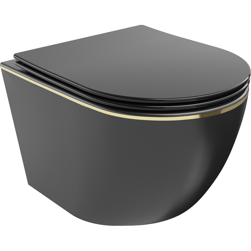 Mexen Lena Rimless toilet bowl with a slim soft close toilet seat, duroplast, Black matt/gold line - 30224075