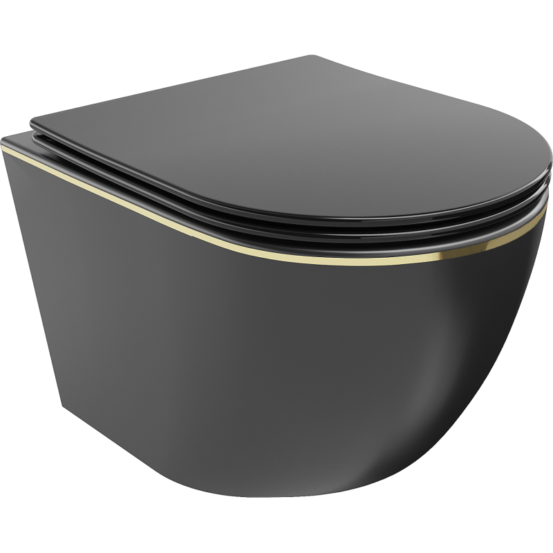 Mexen Lena Rimless WC Bowl with Soft Close Slim Seat, Duroplast, Black Matte/Gold Line - 30224075