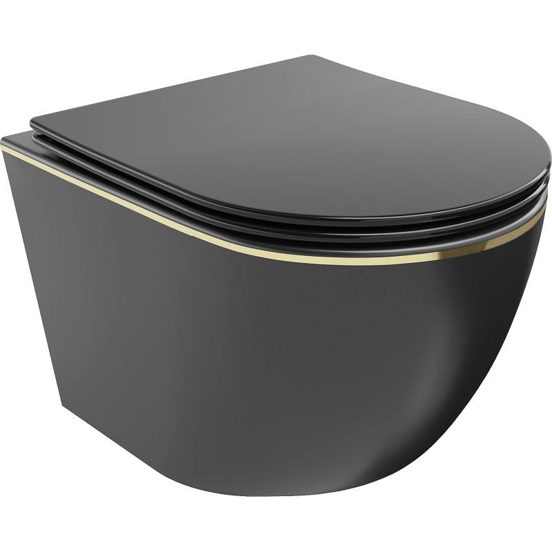 Mexen Lena Rimless WC Bowl with Soft-Close Slim Seat, Duroplast, Matte Black/Gold Line - 30224075