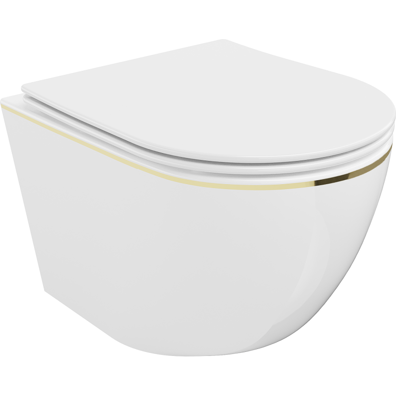 Mexen Lena rimless toilet bowl with soft-close slim seat, duroplast, white/gold line - 30224005