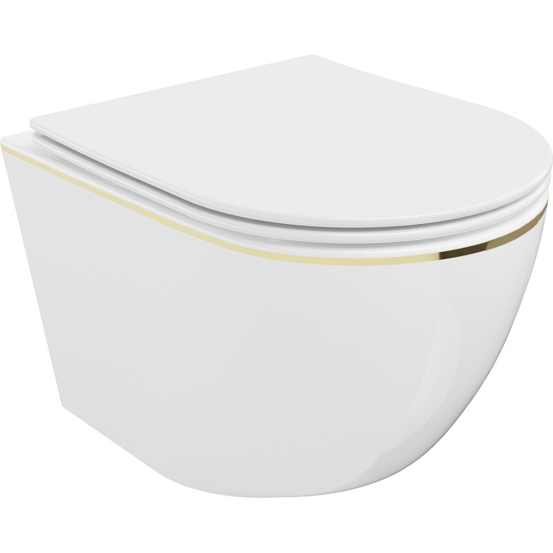 Mexen Lena Rimless WC Bowl with Soft-Close Slim Seat, Duroplast, White/Gold Line - 30224005