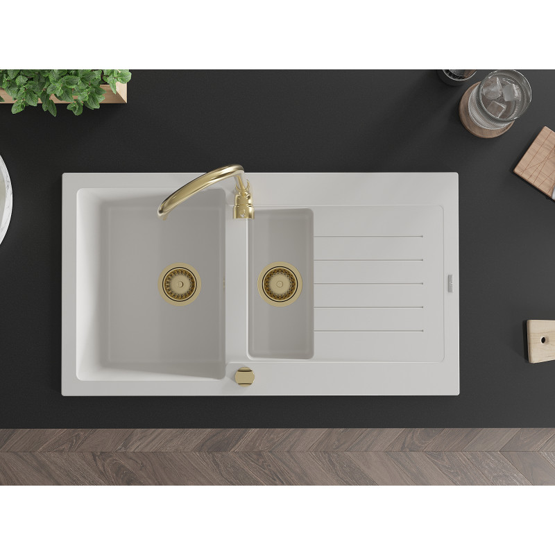 Mexen Matias 1.5-bowl granite sink with drainer 900 x 505 mm, white, gold siphon - 6502901505-20-G