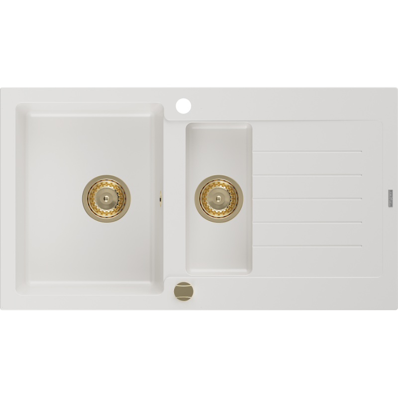 Mexen Matias 1.5-compartment granite sink with a drip tray 900 x 505 mm, White, siphon Gold - 6502901505-20-G