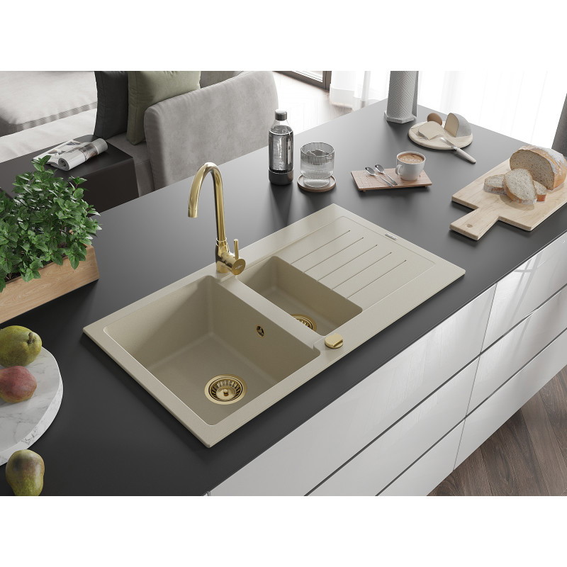Mexen Matias 1.5-bowl granite sink with drainer 900 x 505 mm, beige, gold siphon - 6502901505-69-G