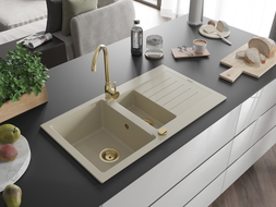 Mexen Matias 1.5-bowl granite sink with drainer 900 x 505 mm, beige, gold siphon - 6502901505-69-G