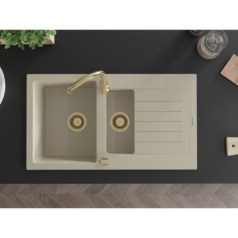 Mexen Matias 1.5-bowl granite sink with drainer 900 x 505 mm, beige, gold siphon - 6502901505-69-G