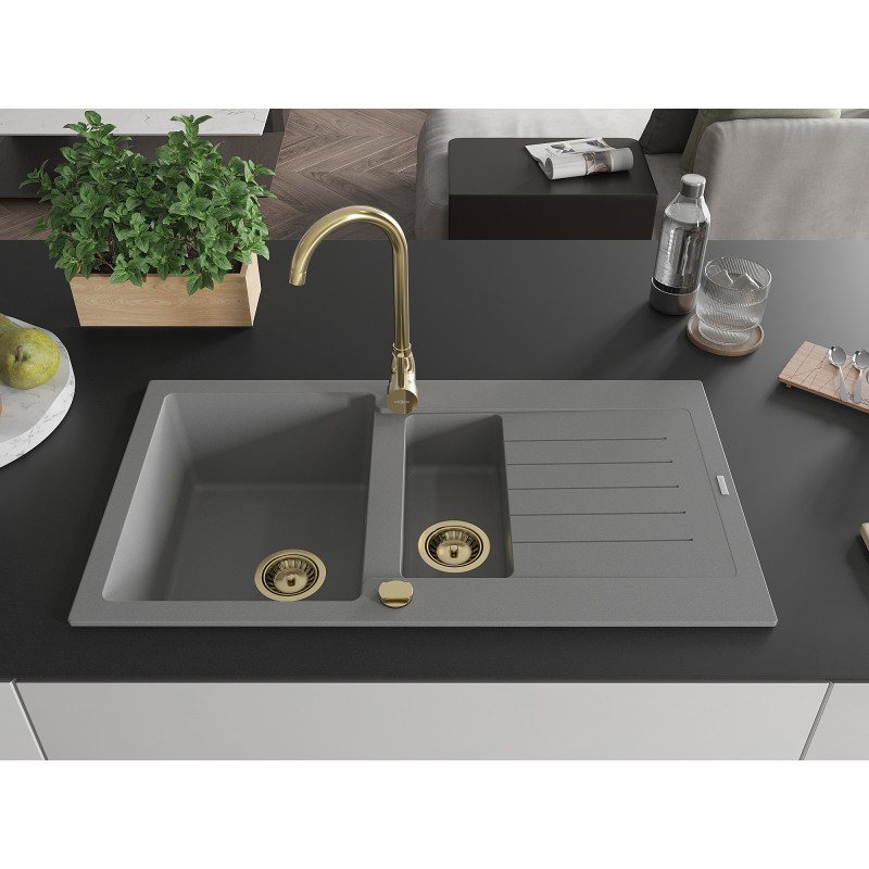 Mexen Matias granite sink 1.5-bowl with drainer 900 x 505 mm, gray, gold siphon - 6502901505-71-G