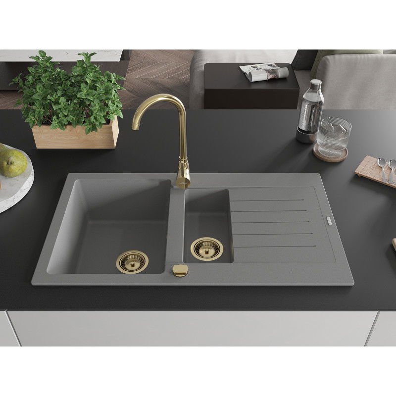 Mexen Matias granite sink 1.5-bowl with drainer 900 x 505 mm, grey, golden siphon - 6502901505-71-G