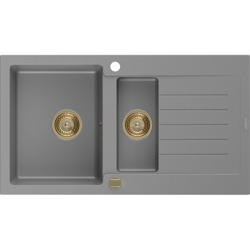 Mexen Matias 1.5-bowl granite sink with drainer 900 x 505 mm, gray, gold siphon - 6502901505-71-G